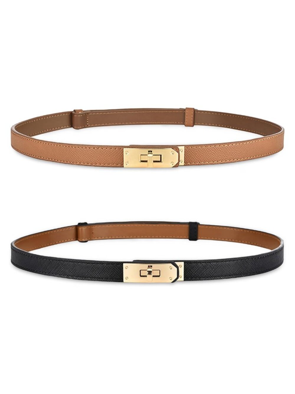 Women's Skinny Leather Belt Adjustable Golden Turn-Lock Buckle